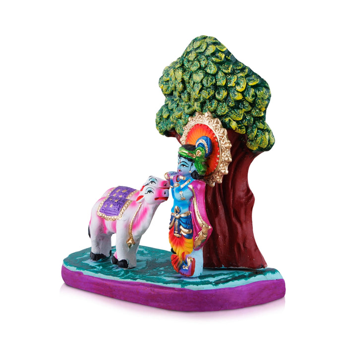 Cow Krishna with Tree Clay Golu Bommai - 7 x 7 Inches | Giri Golu Doll/Navaratri Golu Bomma/Gombe/Bommai - Clay Kolu Bommai