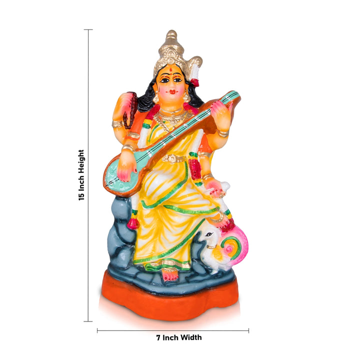 Lakshmi Saraswati With Garland Paper Mache Golu Bommai Pair - 15 Inches | Giri Golu Bomma/ Navaratri Golu Doll