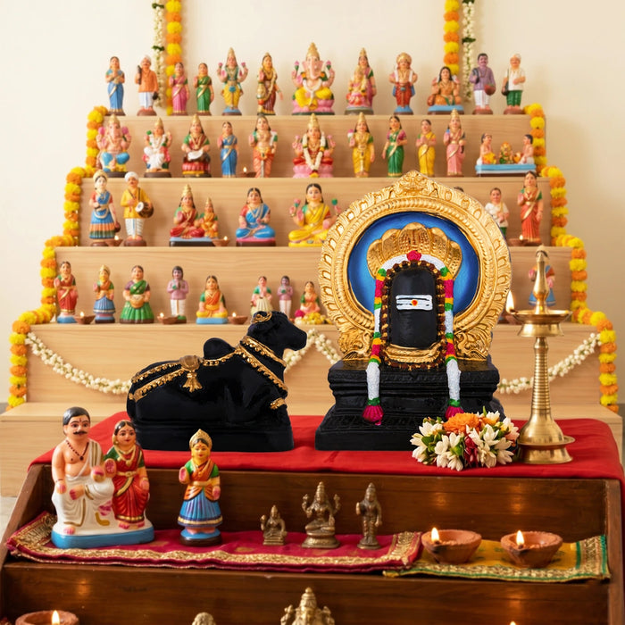 Shivan Nandi Clay Golu Bommai Pair - 12 x 9 Inches | Giri Golu Doll/ Navaratri Golu Bomma/ Gombe