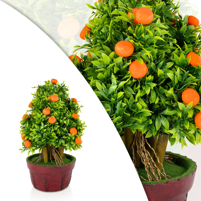Artificial Bonsai Plant - 11 x 7 Inches | Decorative Faux Tree / Indoor Orange Plant for Tabletop Decor