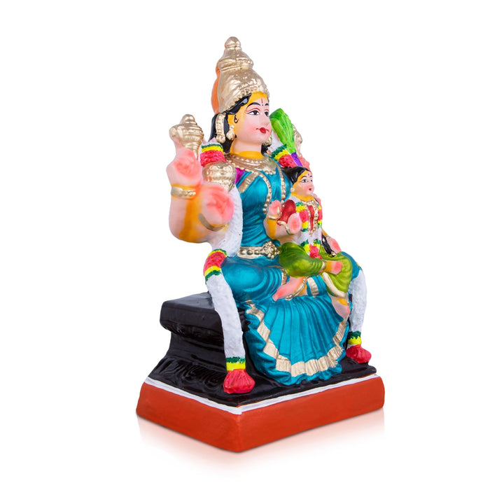 Balambigai Sitting On Thiripurasundari Clay Golu Bommai - 12 x 7 Inches | Giri Golu Doll/ Navaratri Golu Bomma - Clay Kolu Bommai