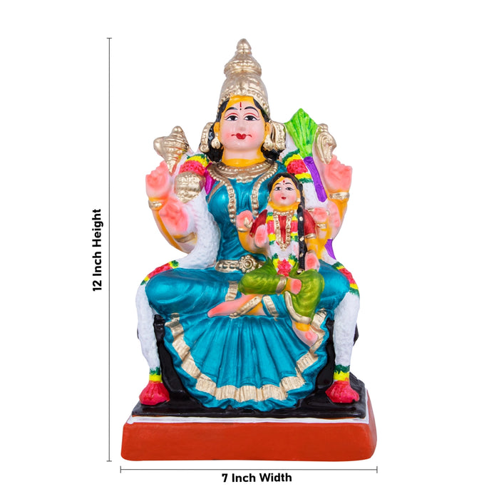 Balambigai Sitting On Thiripurasundari Clay Golu Bommai - 12 x 7 Inches | Giri Golu Doll/ Navaratri Golu Bomma - Clay Kolu Bommai