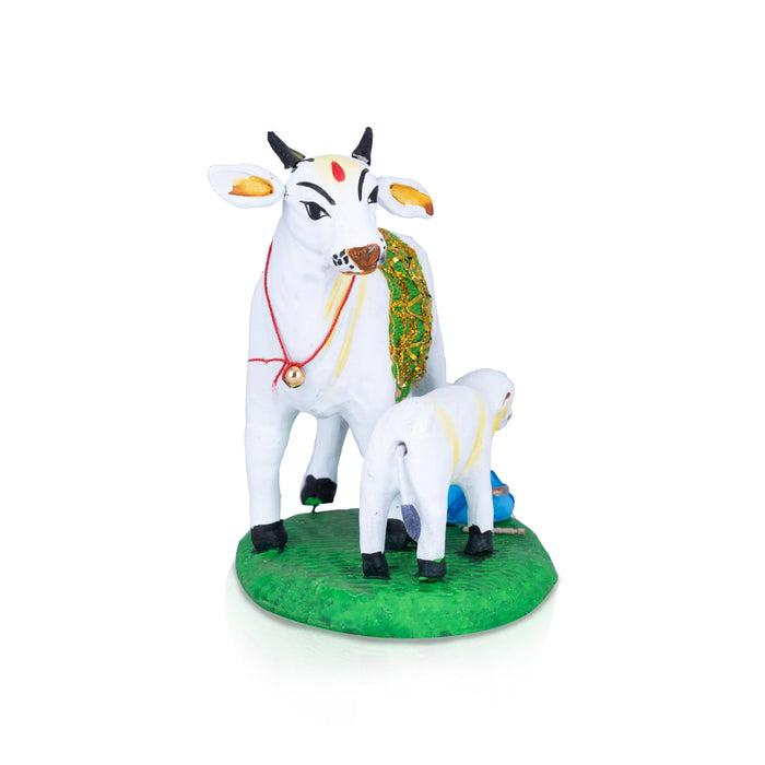 Krishna Drinking Cow's Milk Clay Golu Bommai - 6 x 6 Inches | Giri Golu Doll/ Navaratri Golu Bomma/Gombe/Bommai - Clay Kolu Bommai