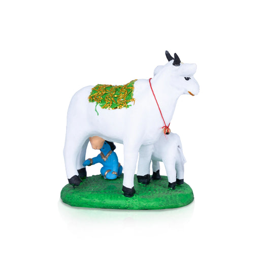 Krishna Drinking Cow's Milk Clay Golu Bommai - 6 x 6 Inches | Giri Golu Doll/ Navaratri Golu Bomma/Gombe/Bommai - Clay Kolu Bommai
