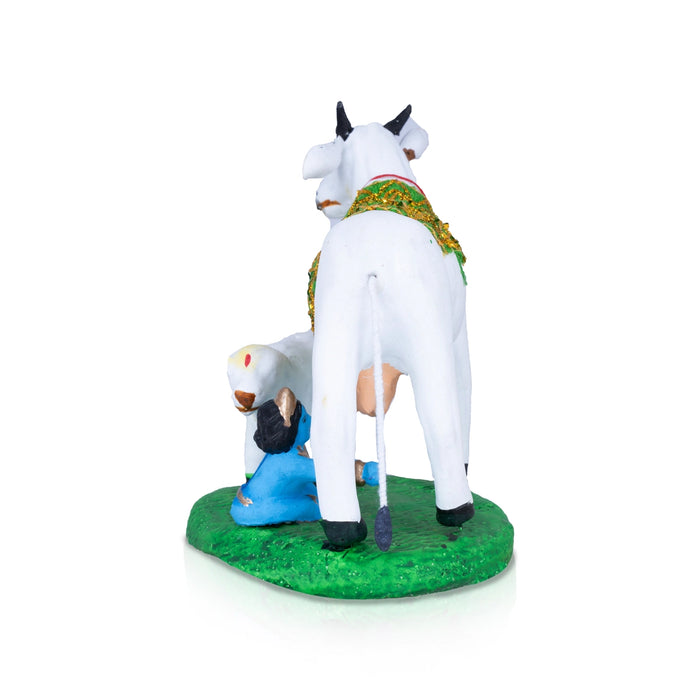 Krishna Drinking Cow's Milk Clay Golu Bommai - 6 x 6 Inches | Giri Golu Doll/ Navaratri Golu Bomma/Gombe/Bommai - Clay Kolu Bommai