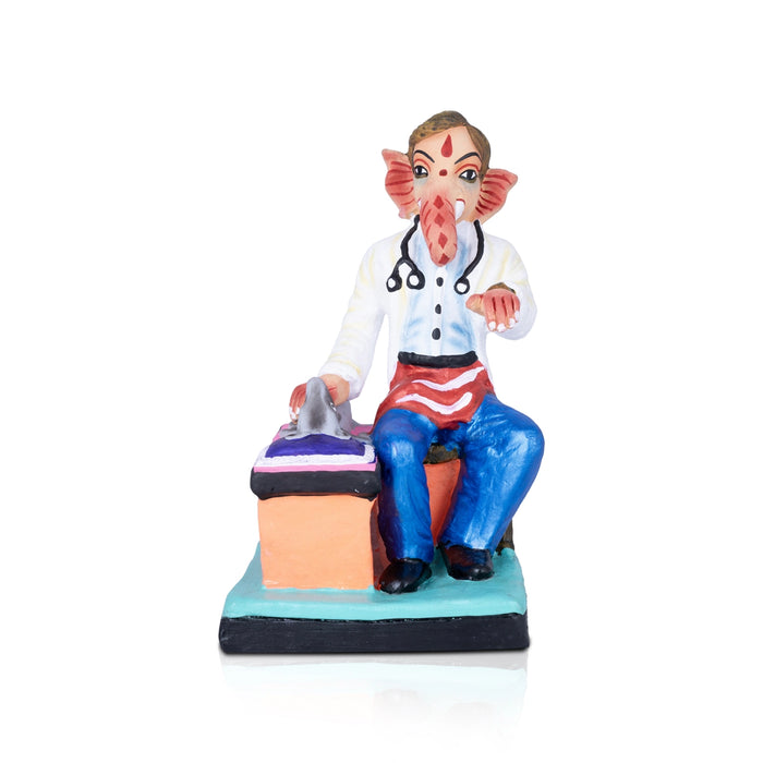 Doctor Ganesha Checking Mooshika Clay Golu Bommai - 9 x 5 Inches | Giri Golu Doll/ Navaratri Golu Bomma/Gombe - Clay Kolu Bommai