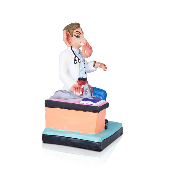 Doctor Ganesha Checking Mooshika Clay Golu Bommai - 9 x 5 Inches | Giri Golu Doll/ Navaratri Golu Bomma/Gombe - Clay Kolu Bommai