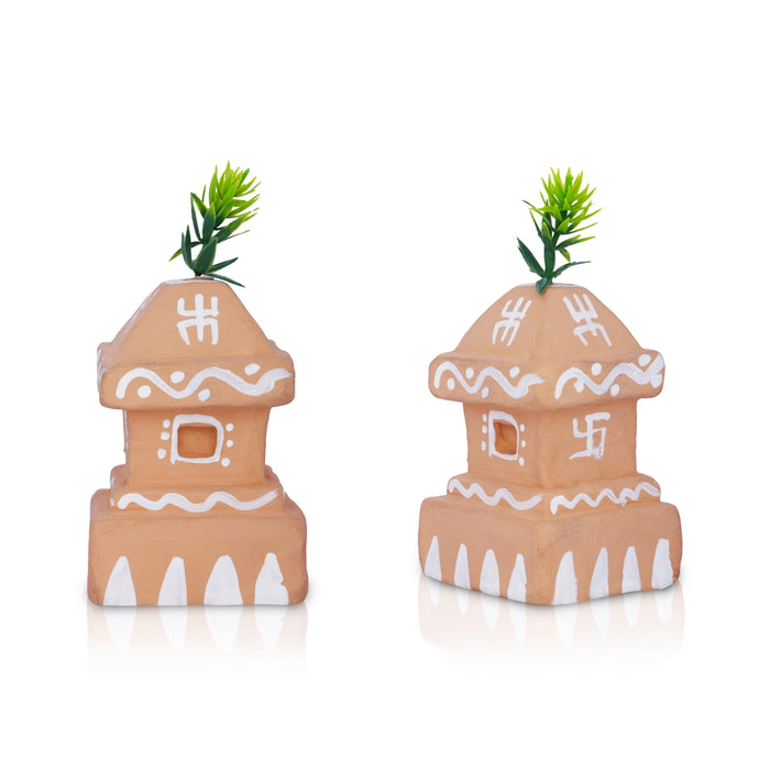 Lady With Tulasi Maadam Clay Golu Bommai Pair - 5 x 2.5 Inches | Giri Golu Doll/ Navaratri Golu Bomma/ Gombe - Clay Kolu Bommai