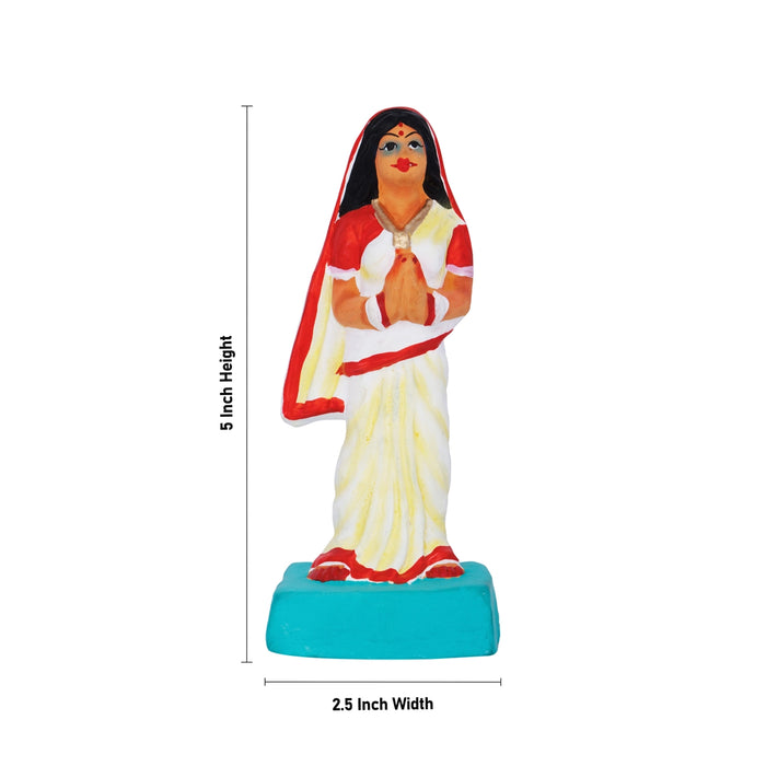 Lady With Tulasi Maadam Clay Golu Bommai Pair - 5 x 2.5 Inches | Giri Golu Doll/ Navaratri Golu Bomma/ Gombe - Clay Kolu Bommai