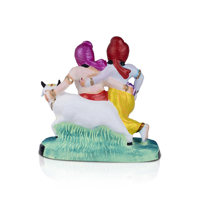 Krishna and Balarama with Cow Clay Golu Bommai - 8 x 7 Inches | Giri Golu Doll/ Navaratri Golu Bomma/Gombe - Clay Kolu Bommai