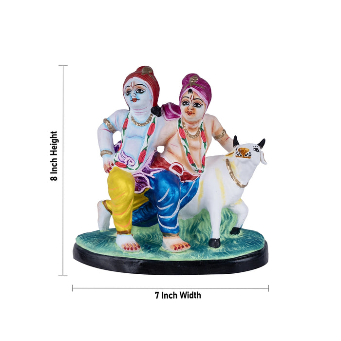 Krishna and Balarama with Cow Clay Golu Bommai - 8 x 7 Inches | Giri Golu Doll/ Navaratri Golu Bomma/Gombe - Clay Kolu Bommai