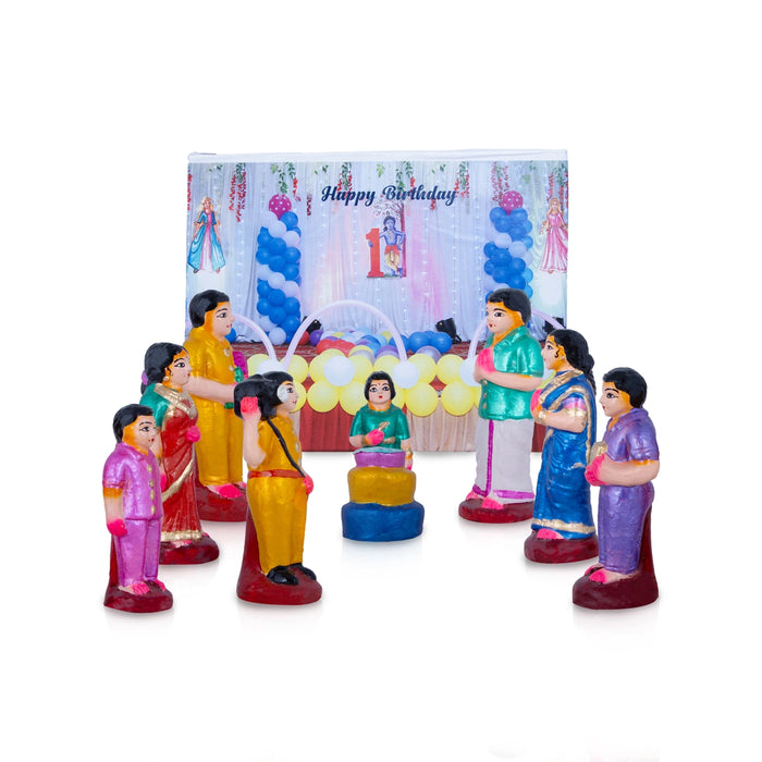 Birthday Clay Golu Bommai Set - 6 x 3 Inches | 11 Pcs/ Giri Golu Doll/ Navaratri Golu Bomma/Gombe/Bommai