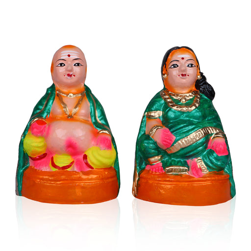 Thatha Paati Clay Golu Bommai Pair - 8 x 5.5 Inches | Golu Doll / Navaratri Golu Bomma / Gombe / Bommai - Clay Kolu Bommai