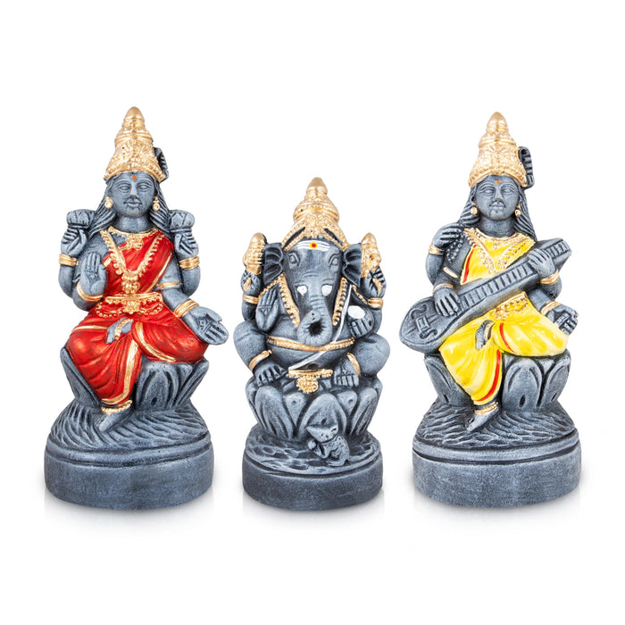 Ganesh Lakshmi Saraswati Clay Golu Bommai Set - 10 x 4.5 Inches | Giri Golu Doll/ Navaratri Golu Bomma/Gombe/Bommai