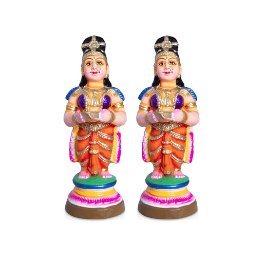 Paavai Vilakku Clay Golu Doll Set - 15 x 5 Inches | 2 Pcs / Welcome Lady with Deep/ Pavai Lamp for Pooja - Clay Kolu Bommai