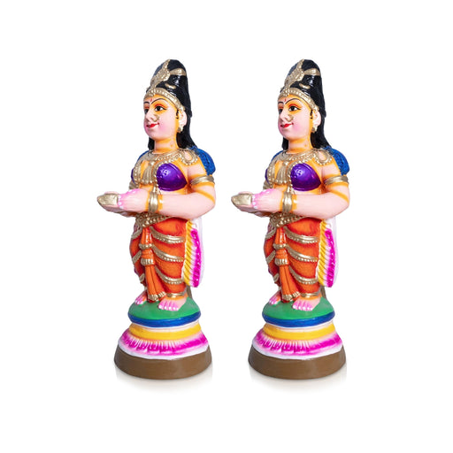 Paavai Vilakku Clay Golu Doll Set - 15 x 5 Inches | 2 Pcs / Welcome Lady with Deep/ Pavai Lamp for Pooja - Clay Kolu Bommai