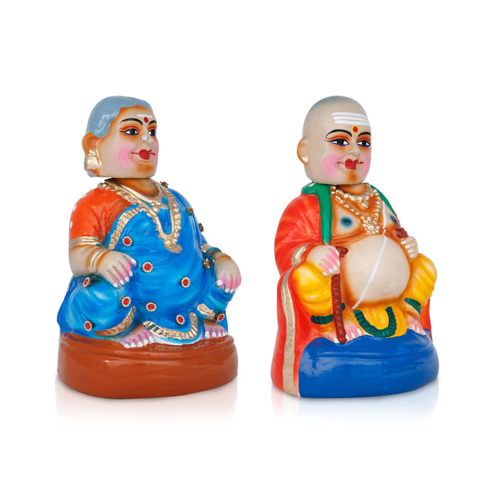 Thatha Patti Clay Golu Bommai Pair - 9 x 4.5 Inches | Giri Golu Doll/ Navaratri Golu Bommalu/ Gombe