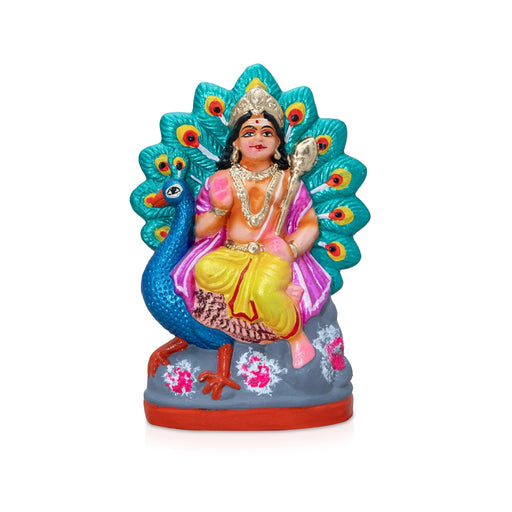 Peacock Murugan Clay Golu Bommai Statue - 7 x 4.75 Inches | Giri Golu Doll / Navaratri Golu Bomma/ Gombe - Clay Kolu Bommai