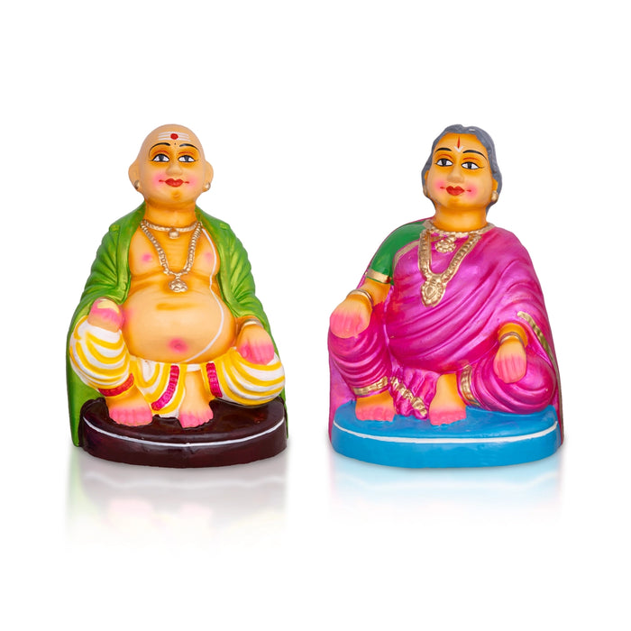 Chettiyar Chettichi Clay Golu Bommai Pair- 9 x 6 Inches | Giri Golu Doll/ Navaratri Golu Bomma/ Gombe/ Bommai