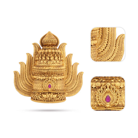 Kireedam - 6 x 6 Inches | Single Stone Mukut / Gold Polish Kiritam / Half Crown for Deity Decor - Head & Face Accessories