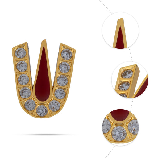 Stone Vishnu Tilak - 1 x 1 Inches | gold plated metal U Shape Perumal Namam/ White & Red Stone Namam for Deity - Head & Face Accessories
