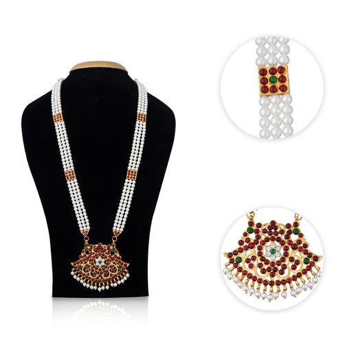 Kemp Moti Mala - 13 Inches | 3 Line Pearl Mala/ Stone Design Bharatanatyam Jewellery For Dance - Bharatanatyam Jewellery