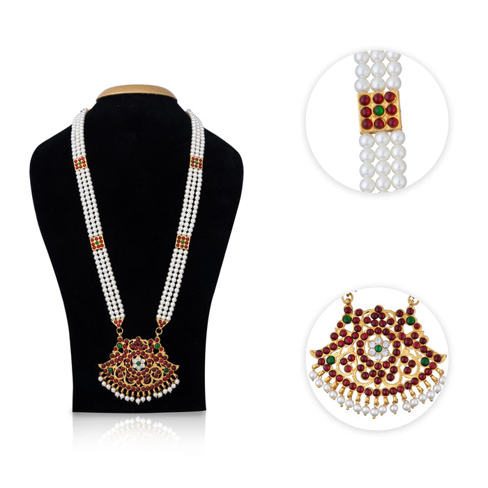 Kemp Moti Mala - 13 Inches | 3 Line Pearl Mala/ Stone Design Bharatanatyam Jewellery For Dance - Bharatanatyam Jewellery