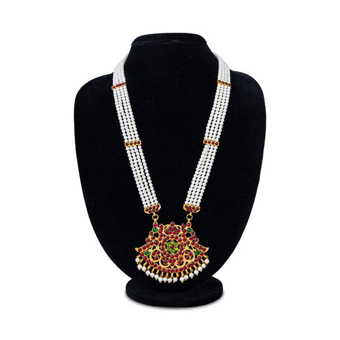 Kemp Moti Mala - 12.5 Inches | 4 Line Pearl Mala/ Stone Design Bharatanatyam Jewellery For Dance - Bharatanatyam Jewellery