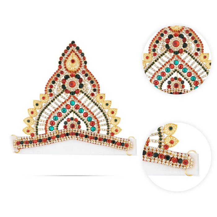 Half Stone Crown - 5 X 6.5 Inches | Multicolour Stone Kireedam/ Velcro Type Kiridam/ Mukut For Deity Decor - Head & Face Accessories