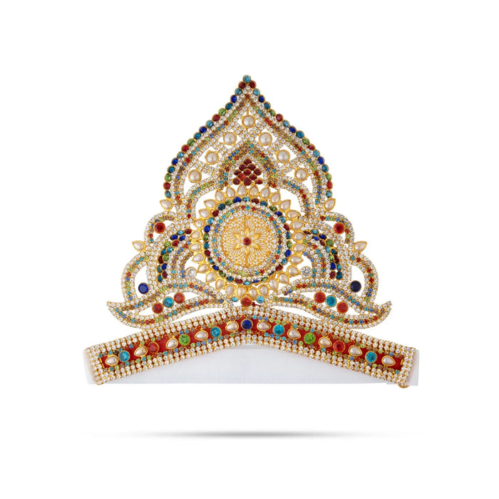 Half Stone Crown - 6.5 X 8 Inches | Multicolour Stone Kireedam/ Velcro Type Kiridam/ Mukut For Deity Decor - Head & Face Accessories