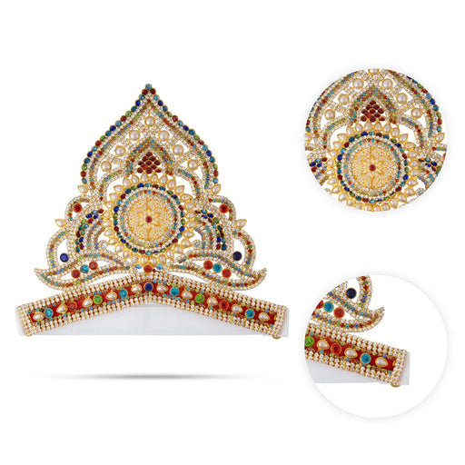 Half Stone Crown - 6.5 X 8 Inches | Multicolour Stone Kireedam/ Velcro Type Kiridam/ Mukut For Deity Decor - Head & Face Accessories