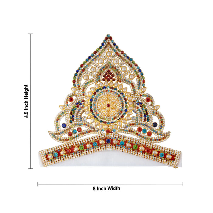 Half Stone Crown - 6.5 X 8 Inches | Multicolour Stone Kireedam/ Velcro Type Kiridam/ Mukut For Deity Decor - Head & Face Accessories