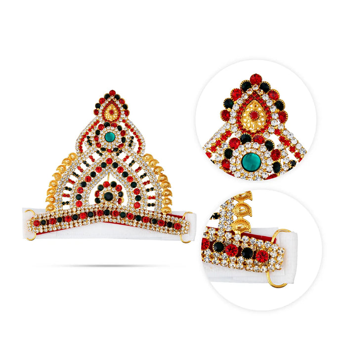 Half Stone Crown - 4 X 5.5 Inches | Multicolour Stone Kireedam/ Velcro Type Kiridam/ Mukut For Deity Decor - Head & Face Accessories