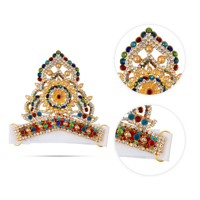 Half Stone Crown - 3.5 X 4.25 Inches | Multicolour Stone Kireedam/ Velcro Type Kiridam/ Mukut For Deity Decor - Head & Face Accessories