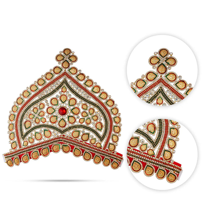 Half Stone Crown - 9.5 X 11 Inches | Multicolour Stone Kireedam/ Velcro Type Kiridam/ Mukut For Deity Decor - Head & Face Accessories