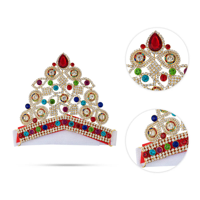 Half Stone Crown - 4 X 5.5 Inches | Velcro Type Kiridam/ Multicolour Stone Kireedam/ Mukut For Deity Decor - Head & Face Accessories
