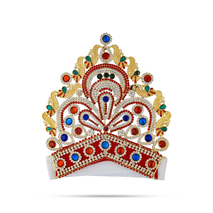 Half Stone Crown - 4.5 X 4.5 Inches | Multicolour Stone Kireedam/ Velcro Type Kiridam/ Mukut For Deity Decor - Head & Face Accessories