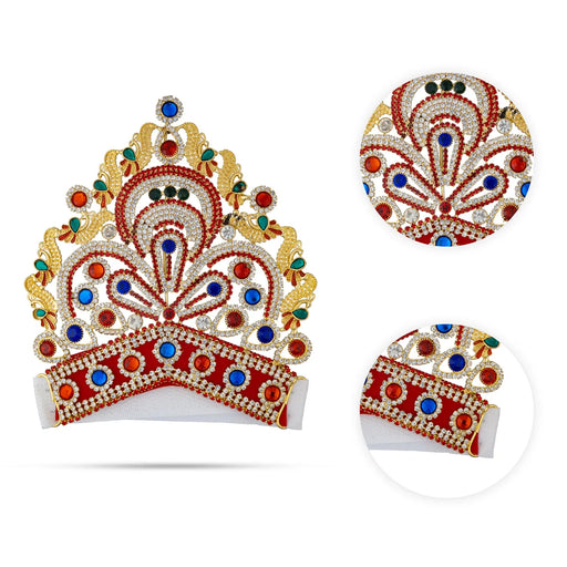 Half Stone Crown - 4.5 X 4.5 Inches | Multicolour Stone Kireedam/ Velcro Type Kiridam/ Mukut For Deity Decor - Head & Face Accessories