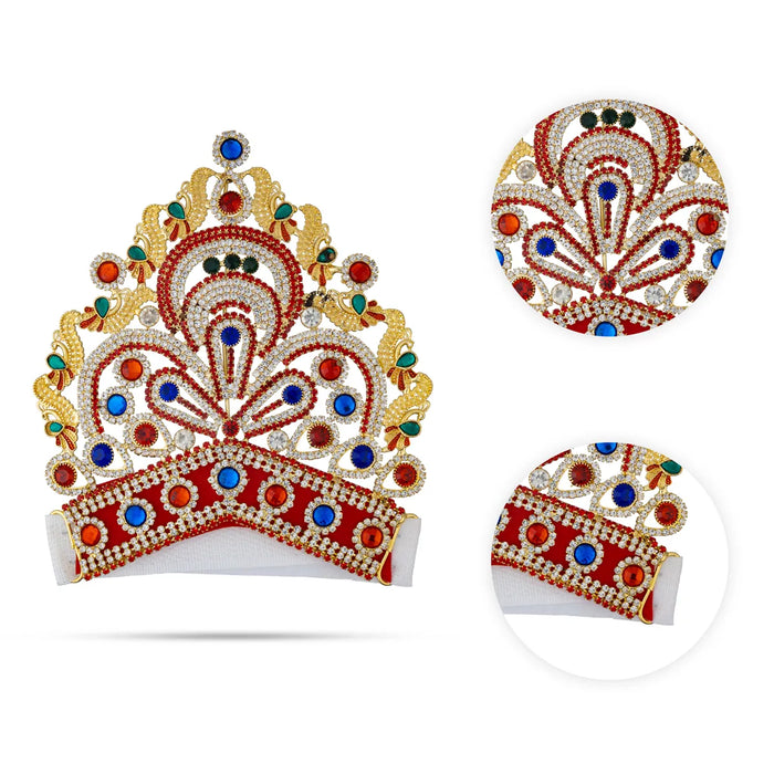 Half Stone Crown - 4.5 X 4.5 Inches | Multicolour Stone Kireedam/ Velcro Type Kiridam/ Mukut For Deity Decor - Head & Face Accessories