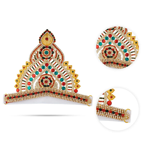 Half Stone Crown - 6 X 8 Inches | Multicolour Stone Kireedam/ Velcro Type Kiridam/ Mukut For Deity Decor - Head & Face Accessories