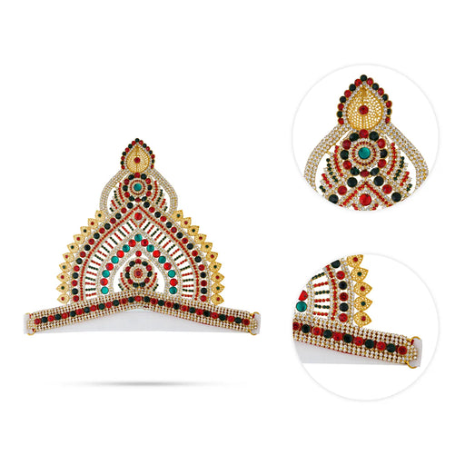 Half Stone Crown - 7.5 X 10.25 Inches | Multicolour Stone Kireedam/ Velcro Type Kiridam/ Mukut For Deity Decor - Head & Face Accessories