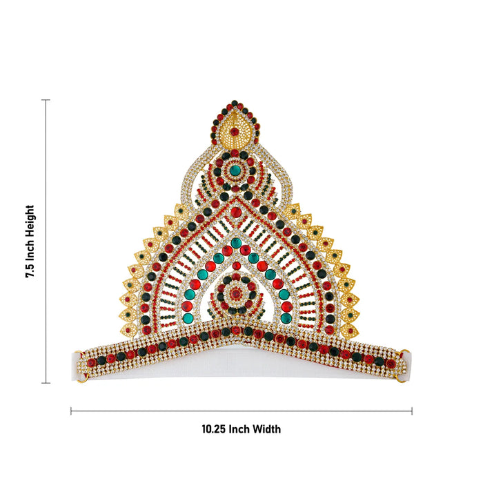 Half Stone Crown - 7.5 X 10.25 Inches | Multicolour Stone Kireedam/ Velcro Type Kiridam/ Mukut For Deity Decor - Head & Face Accessories