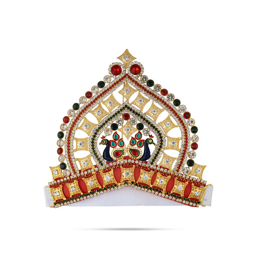 Half Crown- 5 X 6.25 Inches | Multicolour Stone Kireedam/ Velcro Peacock Design Kiridam/ Mukut For Deity Decor - Head & Face Accessories