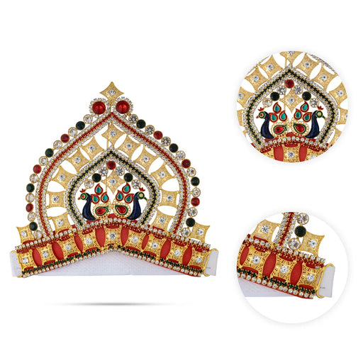 Half Crown- 5 X 6.25 Inches | Multicolour Stone Kireedam/ Velcro Peacock Design Kiridam/ Mukut For Deity Decor - Head & Face Accessories