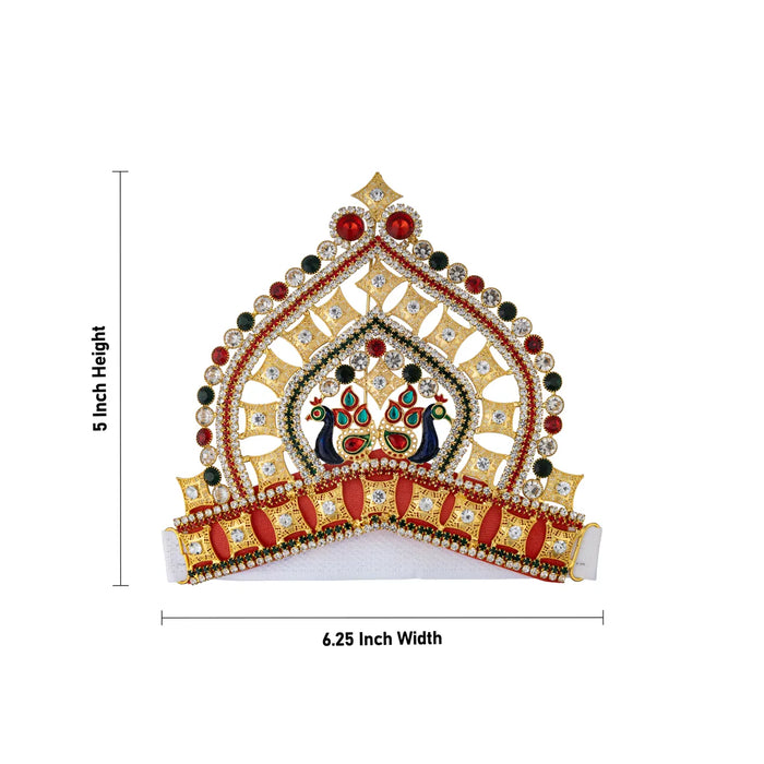 Half Crown- 5 X 6.25 Inches | Multicolour Stone Kireedam/ Velcro Peacock Design Kiridam/ Mukut For Deity Decor - Head & Face Accessories