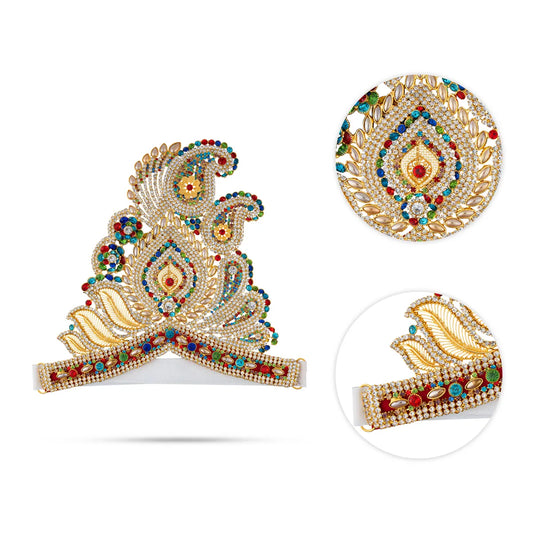 Half Stone Crown - 6.5 X 8.5 Inches | Multicolour Stone Kireedam/ Velcro Type Kiridam/ Mukut For Deity Decor - Head & Face Accessories