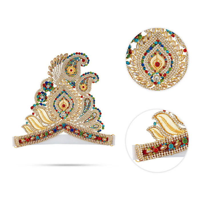 Half Stone Crown - 6.5 X 8.5 Inches | Multicolour Stone Kireedam/ Velcro Type Kiridam/ Mukut For Deity Decor - Head & Face Accessories