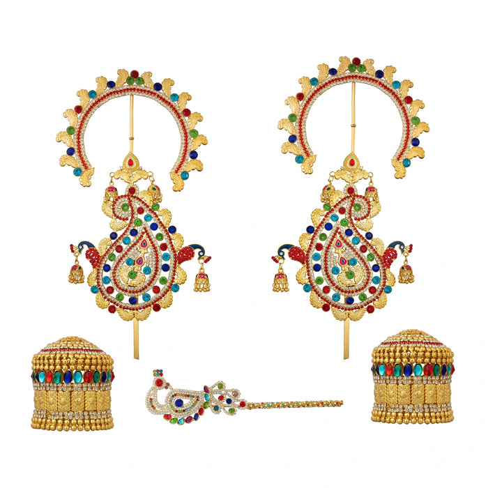 Laddu Gopal Jewellery Set - 8.75 X 5 Inches | Stone Bansuri Flute/ 3 Pcs/ Krishna Kireedam For Deity Decor - Deity Jewellery & Vastra Sets
