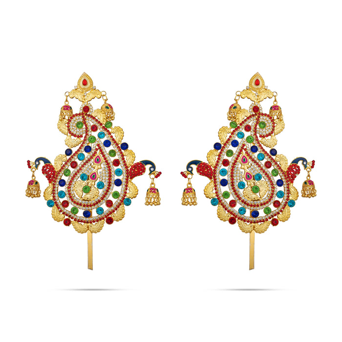 Laddu Gopal Jewellery Set - 8.75 X 5 Inches | Stone Bansuri Flute/ 3 Pcs/ Krishna Kireedam For Deity Decor - Deity Jewellery & Vastra Sets