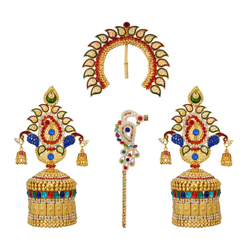 Laddu Gopal Jewellery Set - 7 X 3.25 Inches | Stone Bansuri Flute/ 3 Pcs/ Krishna Kireedam For Deity Decor - Deity Jewellery & Vastra Sets
